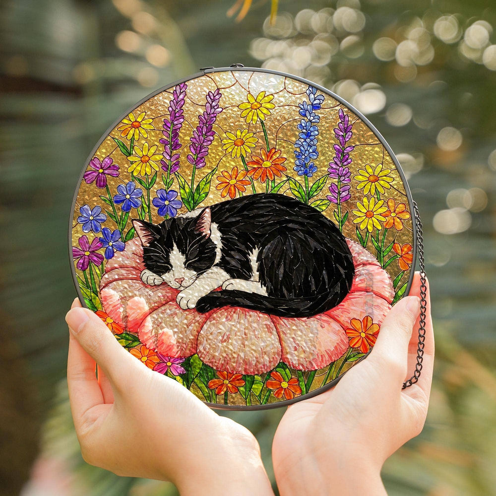 Tuxedo Cat Suncatcher – Sleeping Cat Stained Glass Window Decor | Made in USA