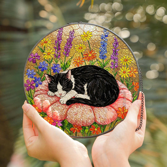 Tuxedo Cat Suncatcher – Sleeping Cat Stained Glass Window Decor | Made in USA