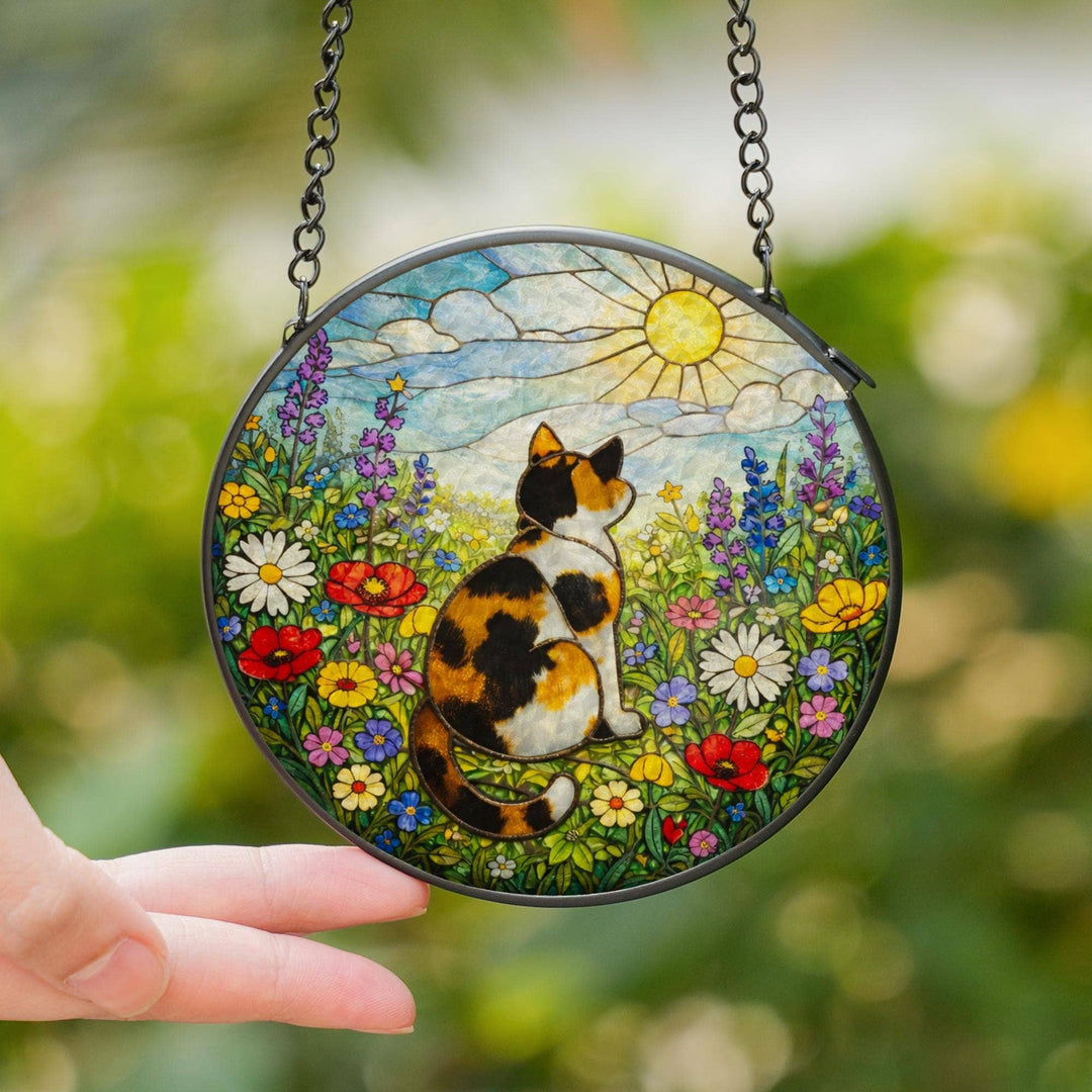 Calico Cat Suncatcher – Wildflower Meadow | Stained Glass Window Decor