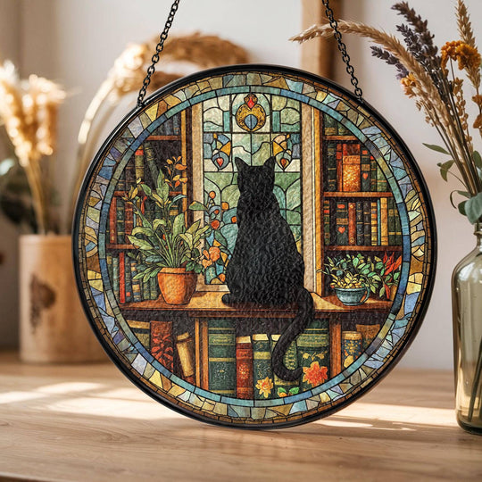 Black Cat & Book Stained Glass Suncatcher – Gothic Window Hanging for Book Lovers & Librarian Decor