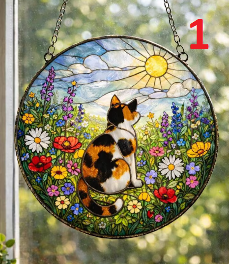 Calico Cat Suncatcher – Wildflower Meadow | Stained Glass Window Decor