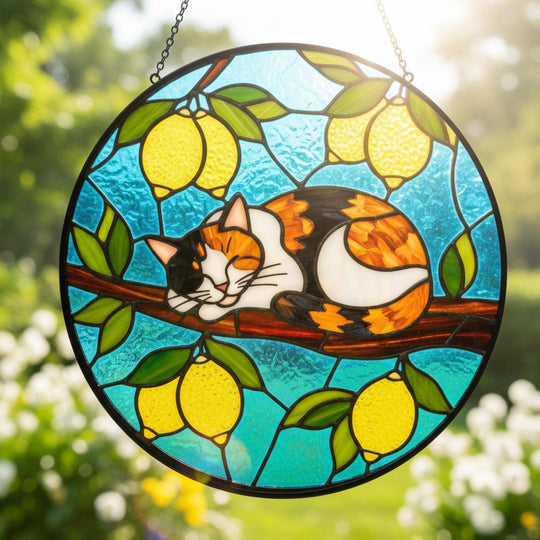 Cat Mom Suncatcher – Sleeping Kitty on Lemon Tree | Stained Glass Window Decor