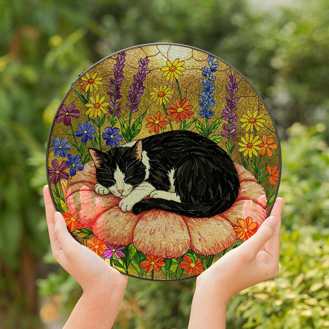 Tuxedo Cat Suncatcher – Sleeping Cat Stained Glass Window Decor | Made in USA