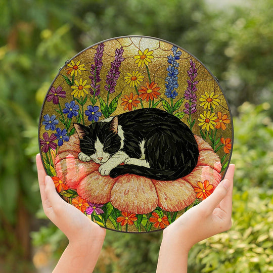 Tuxedo Cat Suncatcher – Sleeping Cat Stained Glass Window Decor | Made in USA