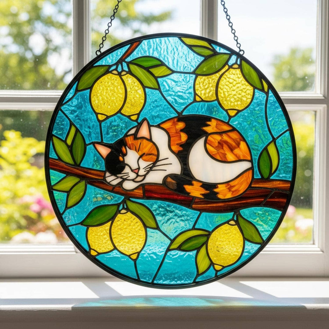 Cat Mom Suncatcher – Sleeping Kitty on Lemon Tree | Stained Glass Window Decor