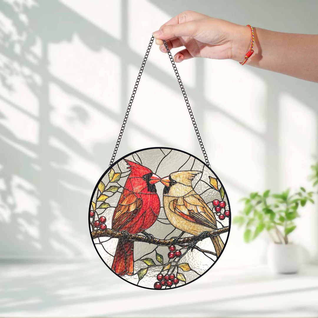 Mr. & Mrs. Cardinal Stained Glass Suncatcher – Handmade Bird Window Hanging Home Decor