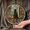 Black Cat & Book Stained Glass Suncatcher – Gothic Window Hanging for Book Lovers & Librarian Decor