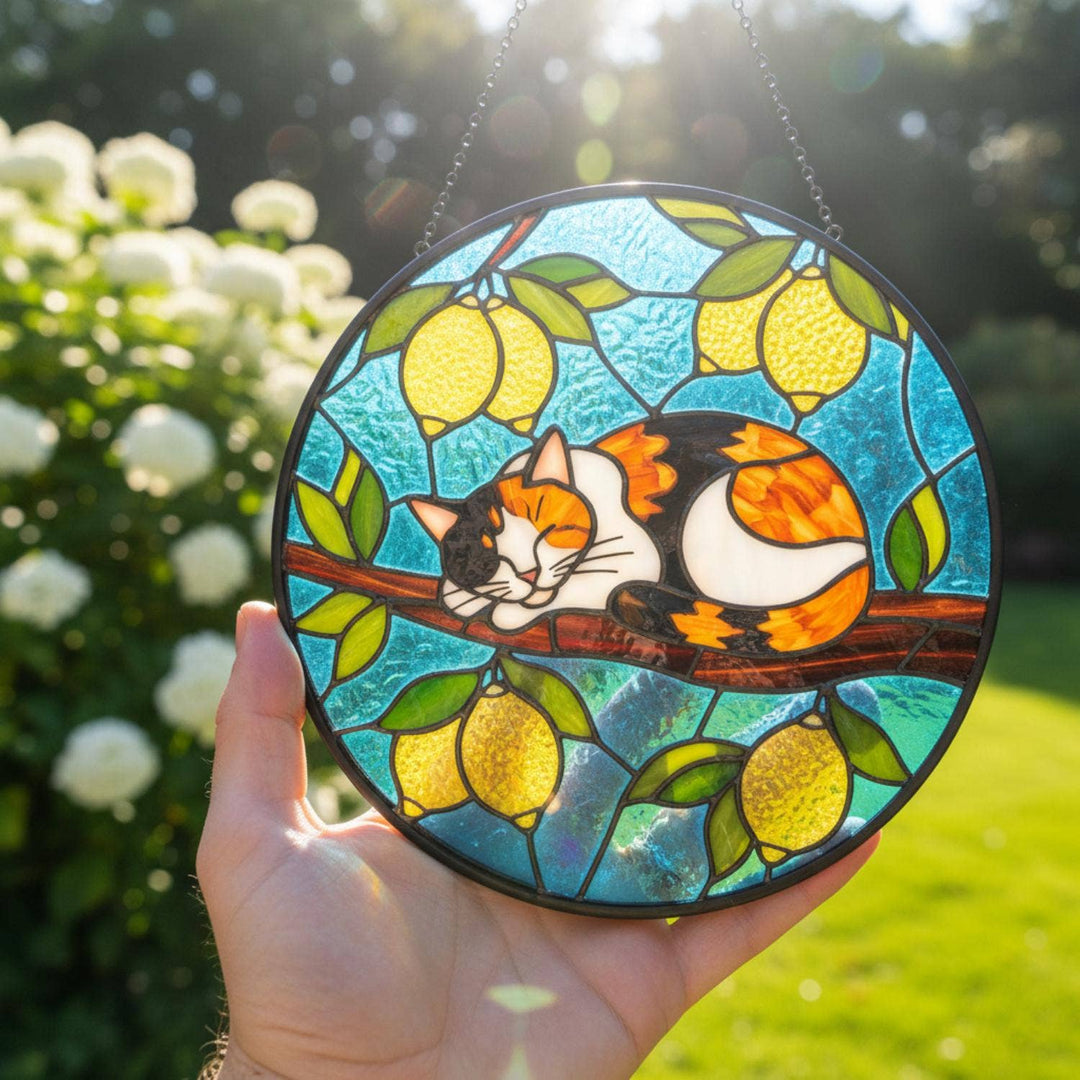 Cat Mom Suncatcher – Sleeping Kitty on Lemon Tree | Stained Glass Window Decor