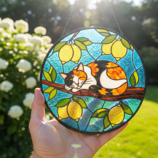 Cat Mom Suncatcher – Sleeping Kitty on Lemon Tree | Stained Glass Window Decor