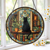 Black Cat & Book Stained Glass Suncatcher – Gothic Window Hanging for Book Lovers & Librarian Decor