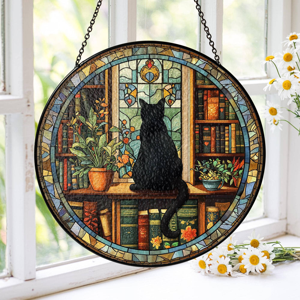 Black Cat & Book Stained Glass Suncatcher – Gothic Window Hanging for Book Lovers & Librarian Decor