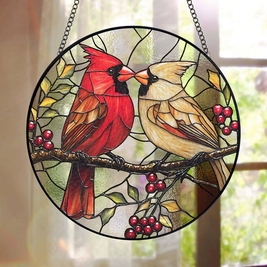 Mr. & Mrs. Cardinal Stained Glass Suncatcher – Handmade Bird Window Hanging Home Decor